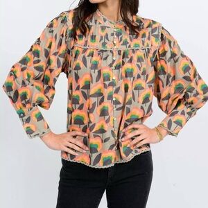 Ivy Jane Crazy Blooms Vibrant Floral Blouse - Orange, Green, Gray NWT